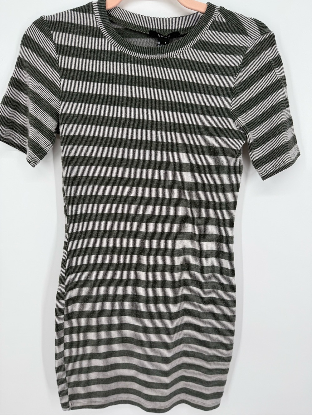 Forever 21 Women's Green Gray Striped Short Sleeve Mini Bodycon Dress Medium